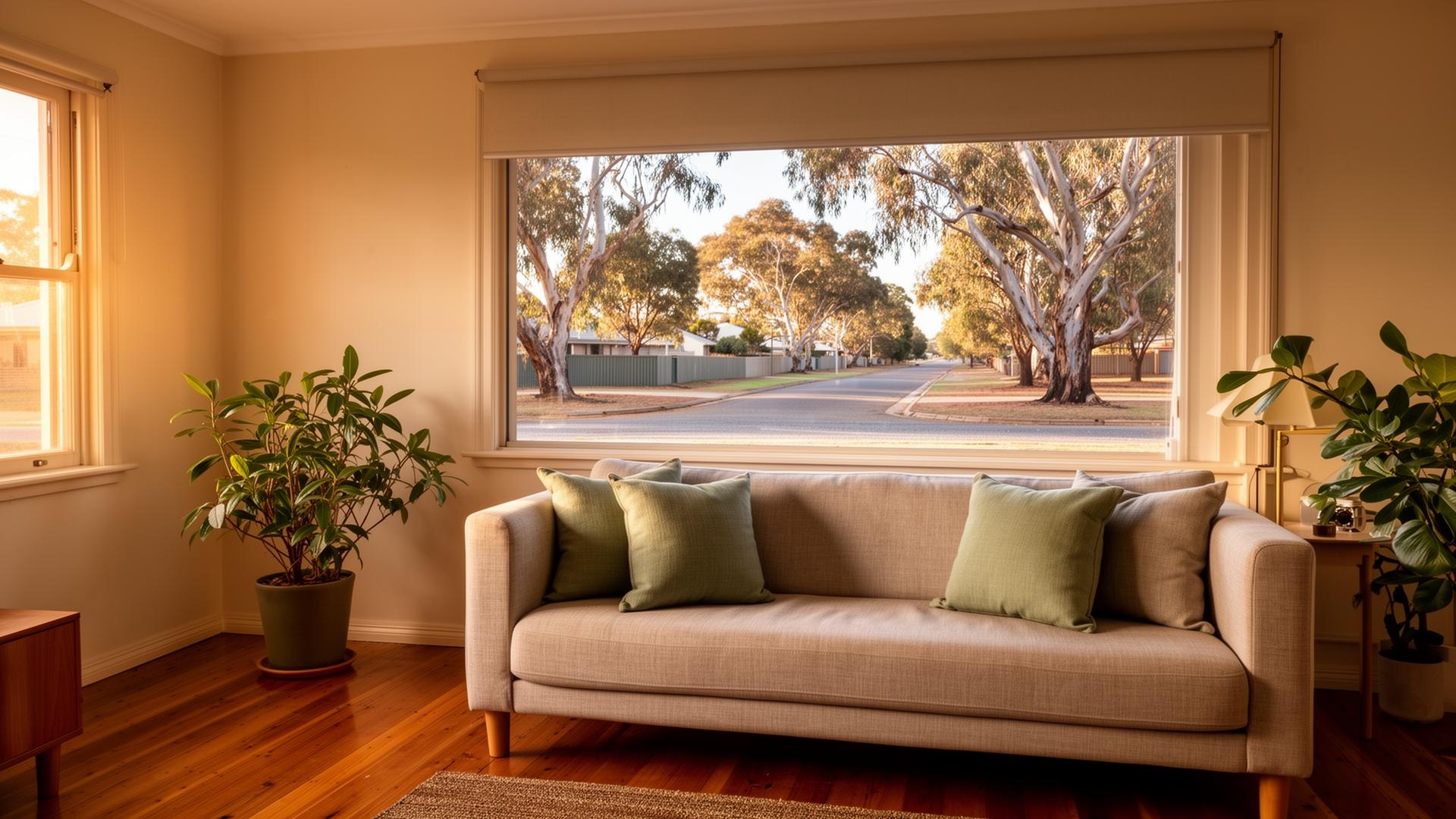 Furnished living room of a Horsham rental looking out to a tree-lined street